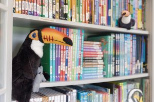 Bokhylla med gosedjurstukan på Tukan förlag bokförlag